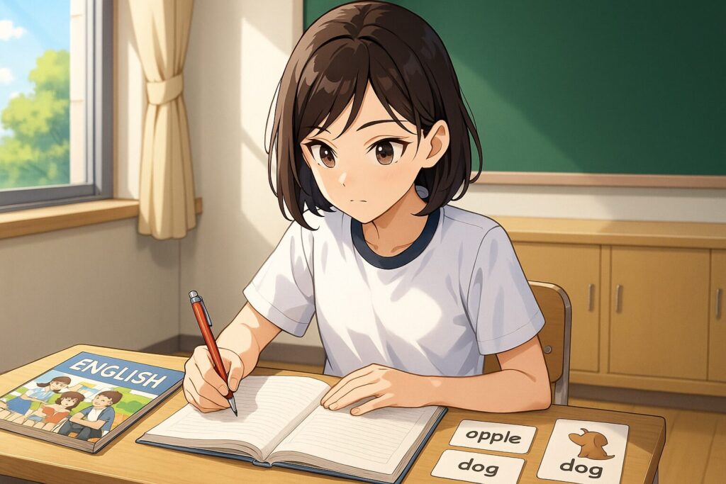 ネイティブキャンプの準備をしている女子中学生