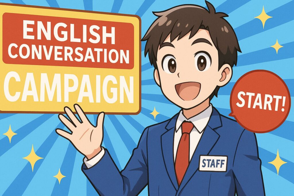 ネイティブキャンプの7日間の無料体験キャンペーンを実施している男性スタッフ
