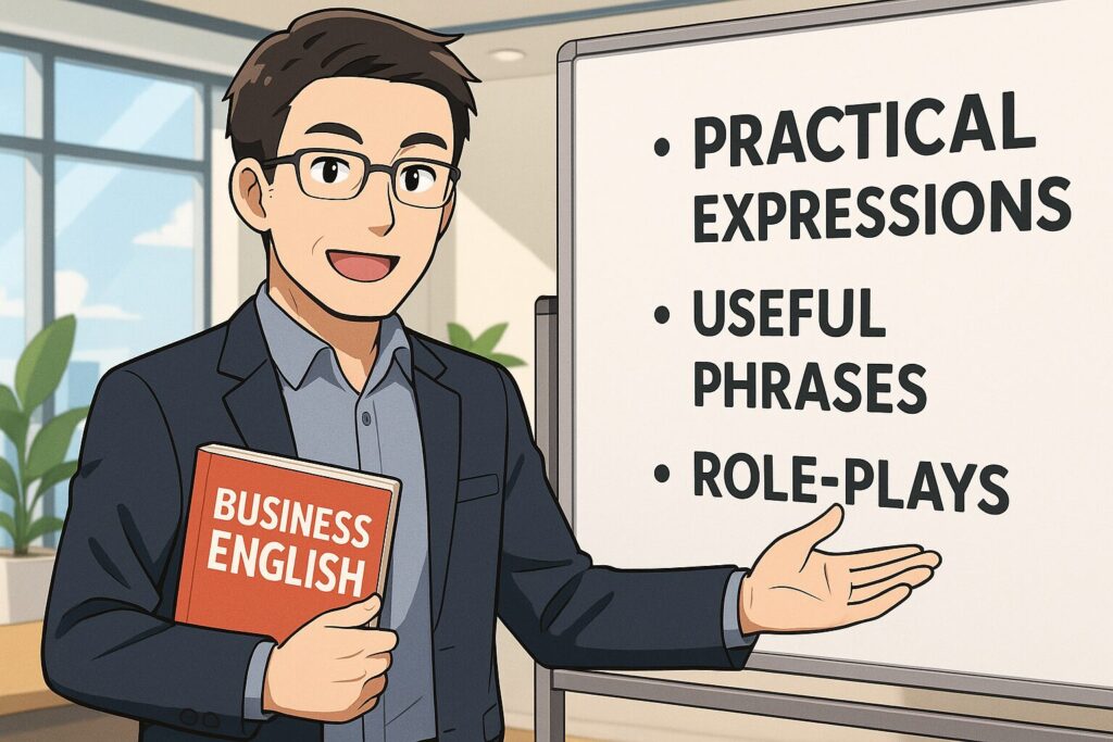 ビジネス英会話教材の特徴を説明する部長
