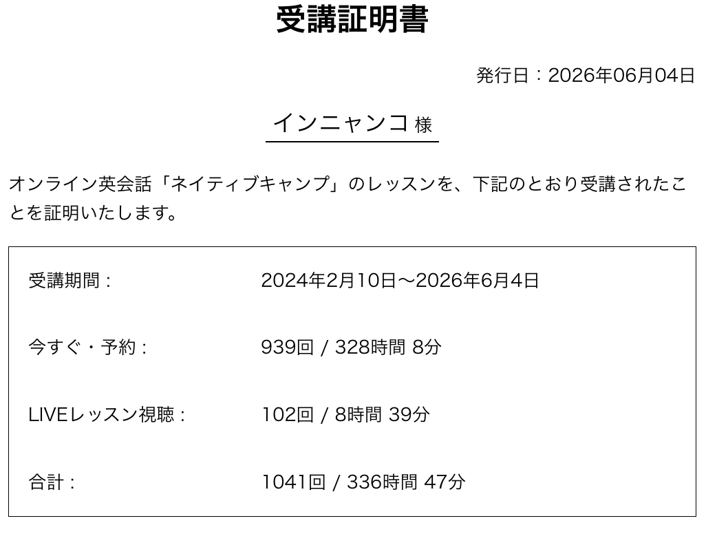インニャンコのネイティブキャンプ受講証明書