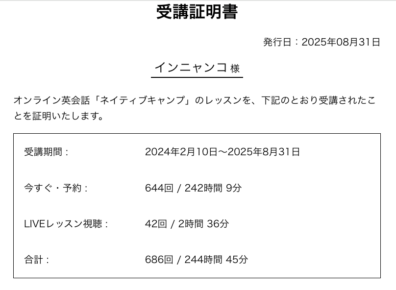 インニャンコのネイティブキャンプ受講証明書