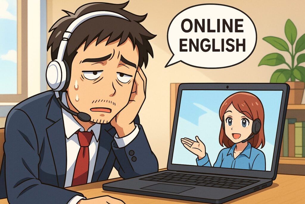 ネイティブキャンプのレッスンのやり方を学んでいるビジネスマン