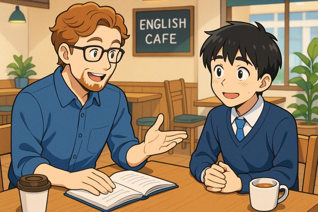 英会話カフェでアメリカ人講師と英語を話す男子学生
