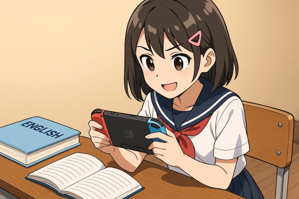 ネイティブキャンプをしないでゲームをしている女子中学生