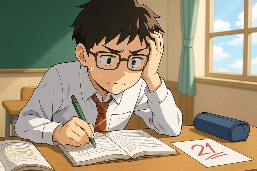 ネイティブキャンプで熱心に勉強しているが効率が悪く英語が話せない男子高校生