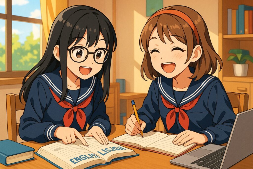 友人と一緒に英語の勉強をする女子高生