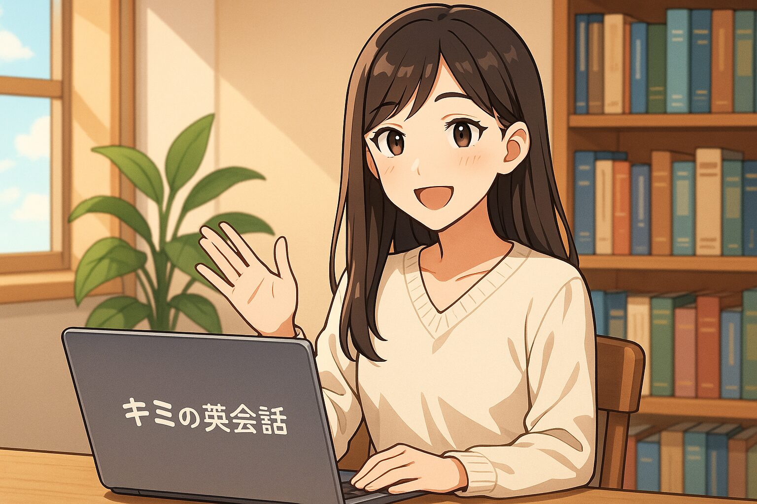 生徒にオンライン英会話のレッスンを自演している優しい女性講師