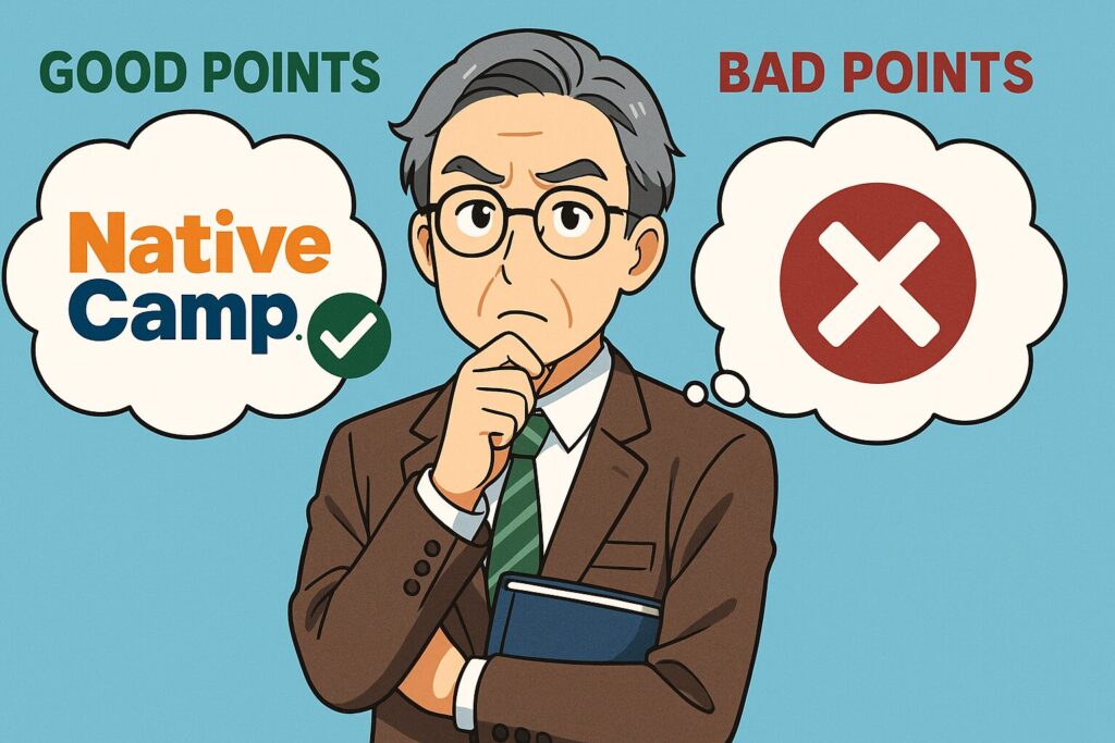 ネイティブキャンプの良いところと悪いところを考えている大学教授