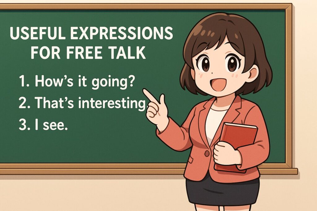 フリートークに役立つ英語表現を紹介する足が短めな女性講師