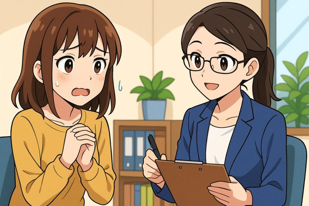 ネイティブキャンプの初めてのレッスンでどうしても緊張してレッスンが辛いのでカウンセラーに相談している女性