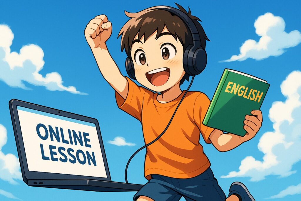 英語学習効果が得られて喜ぶ男子小学生