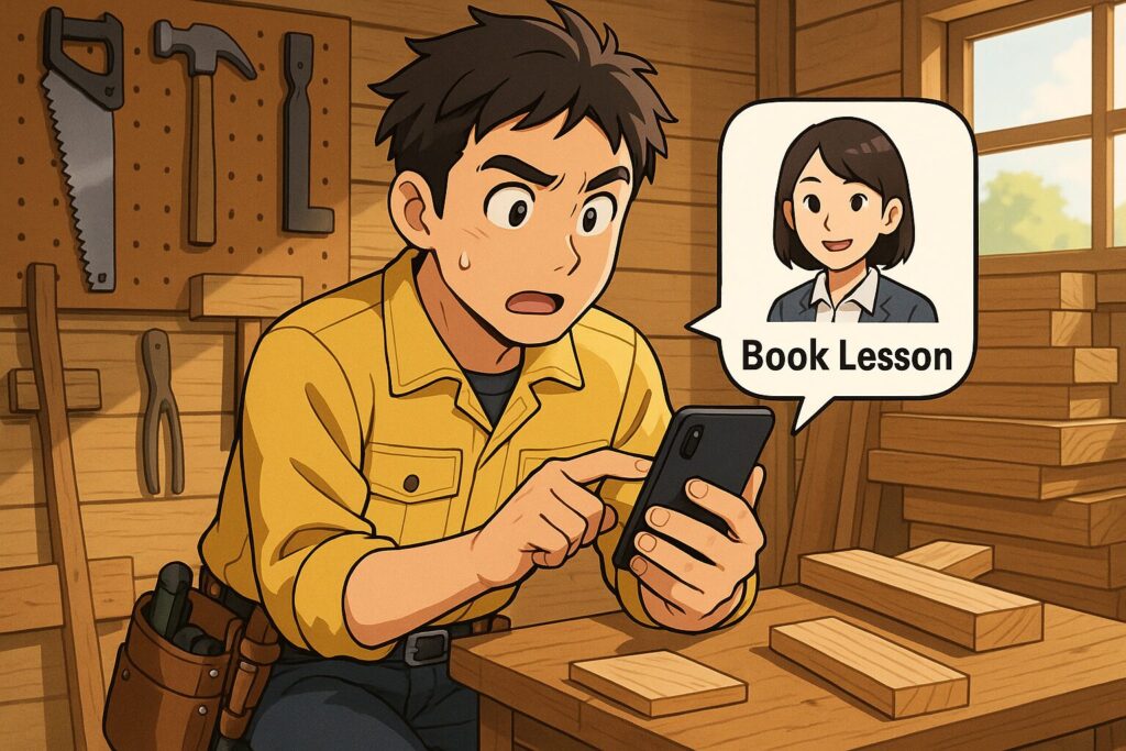 日本人講師のレッスンを申し込んでいる大工さん