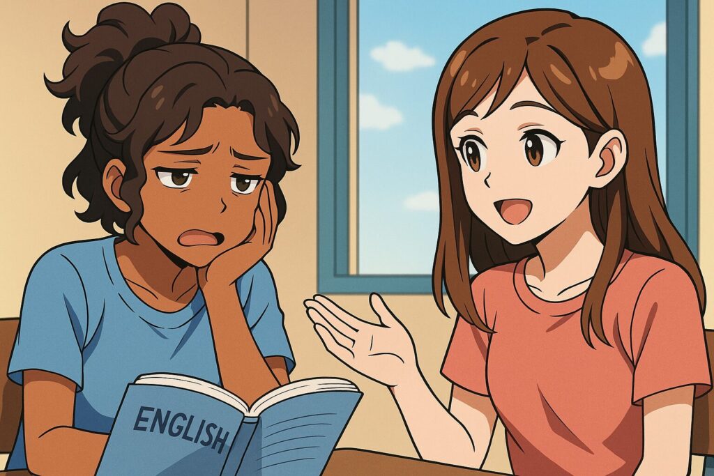 英会話の勉強で疲れてしまった時のことを友人に話しているアメリカ人ハーフの女性