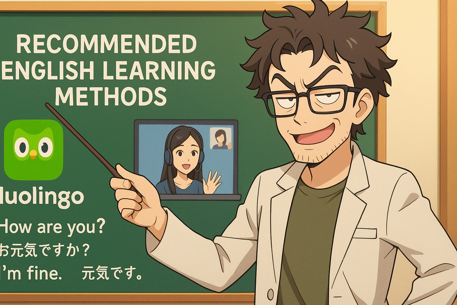 ネイティブキャンプのおすすめ勉強方法を教えている男性講師