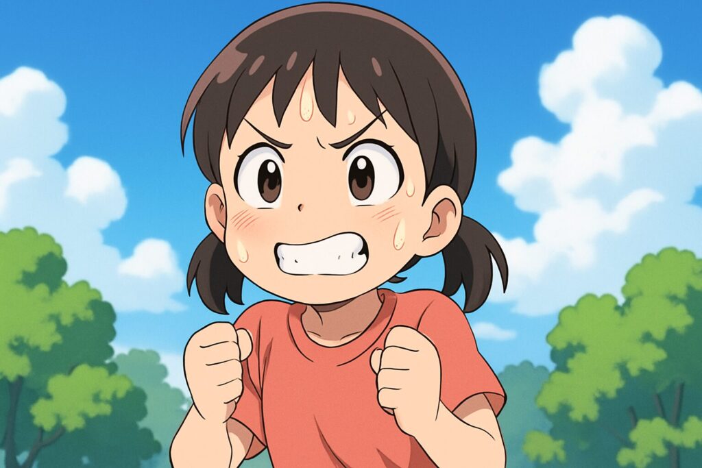 ネイティブキャンプのレッスンの緊張を克服するために頑張っている小学生
