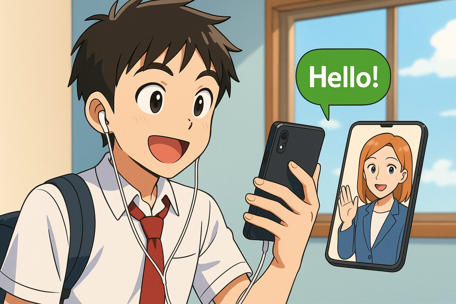 DMM英会話アプリのAI講師を使っている男子学生