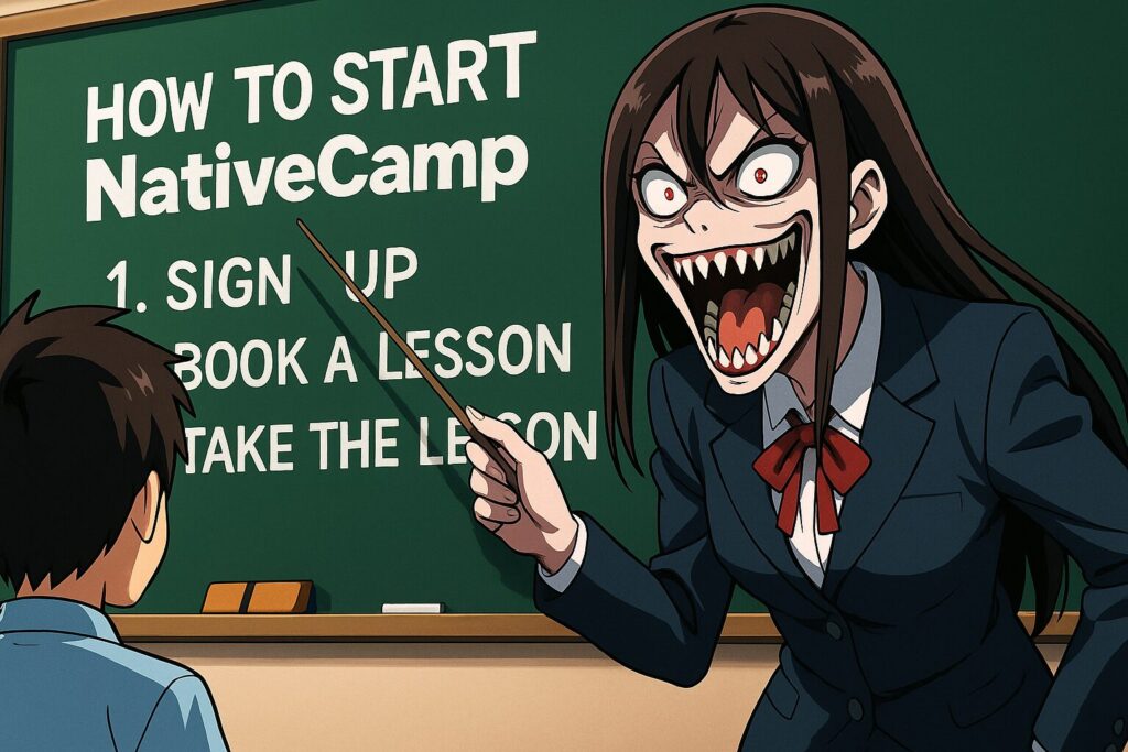 ネイティブキャンプの始め方を生徒に教えている恐怖の先生
