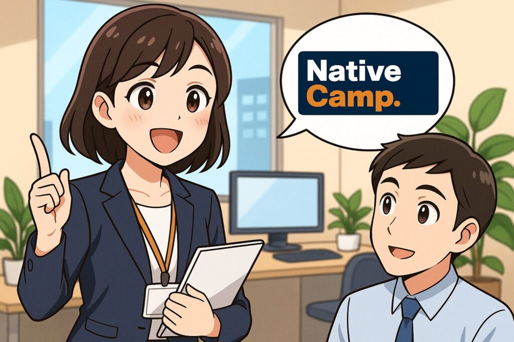 ネイティブキャンプを同僚におすすめしている女性社員