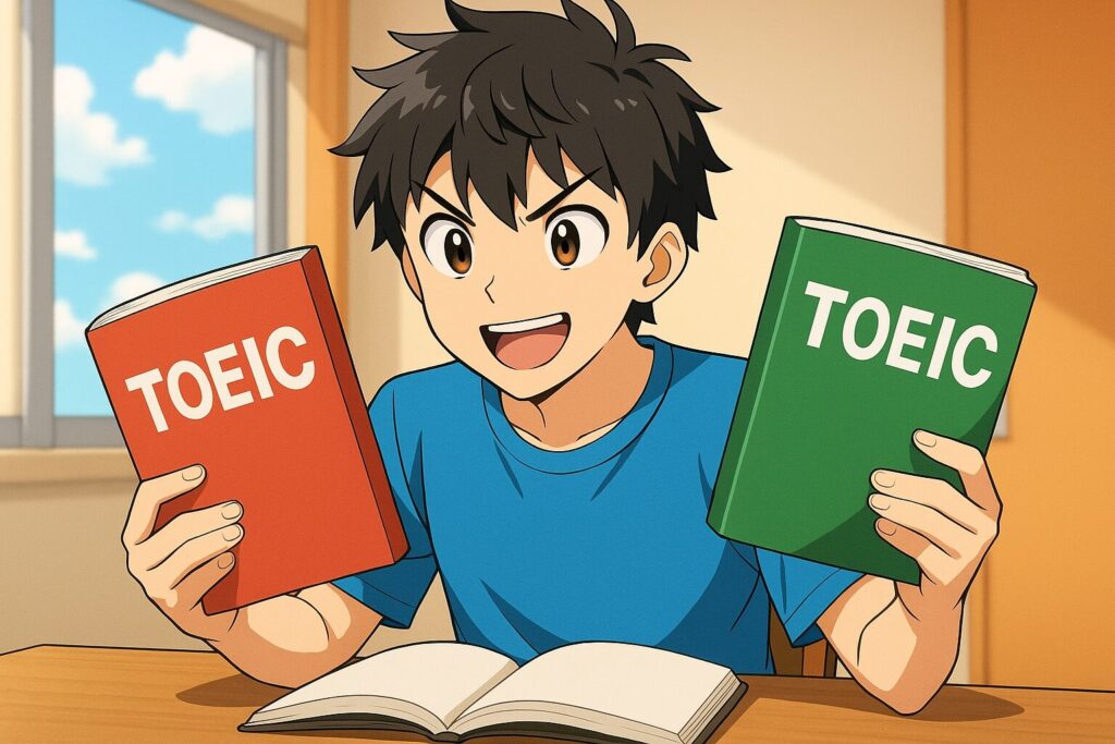 ネイティブキャンプとDMM英会話のTOEIC教材を比較している男子大学生