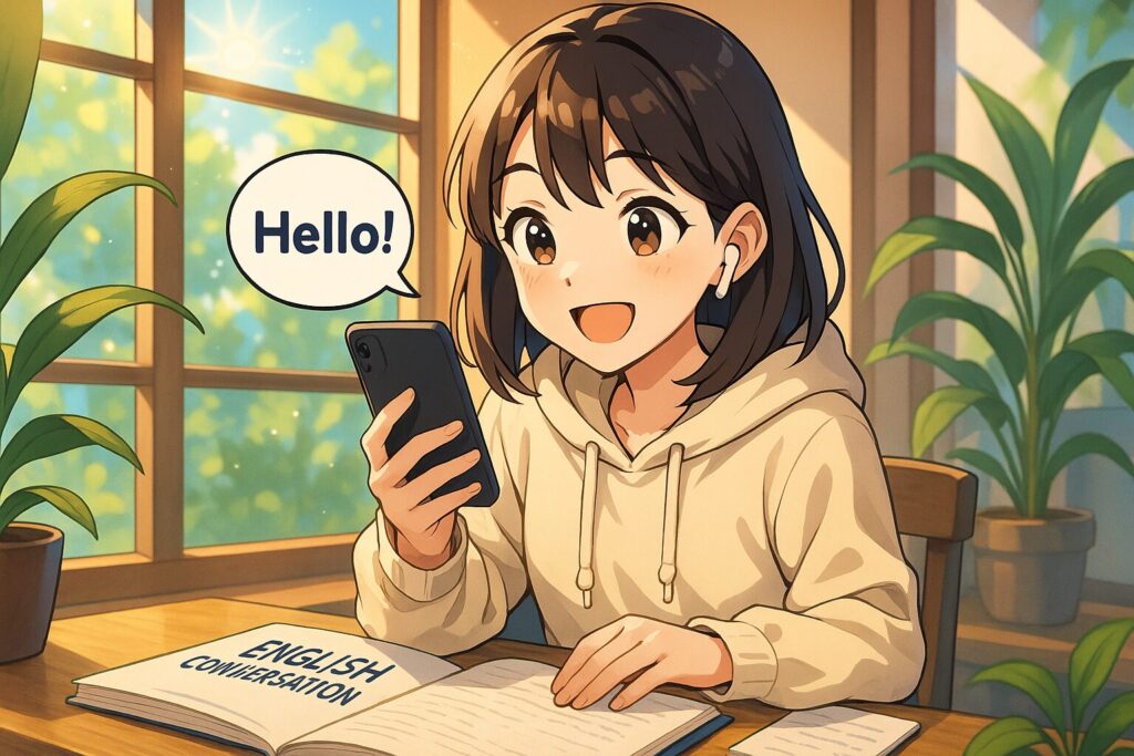 DMM英会話アプリでデイリーニュースをしている女子学生