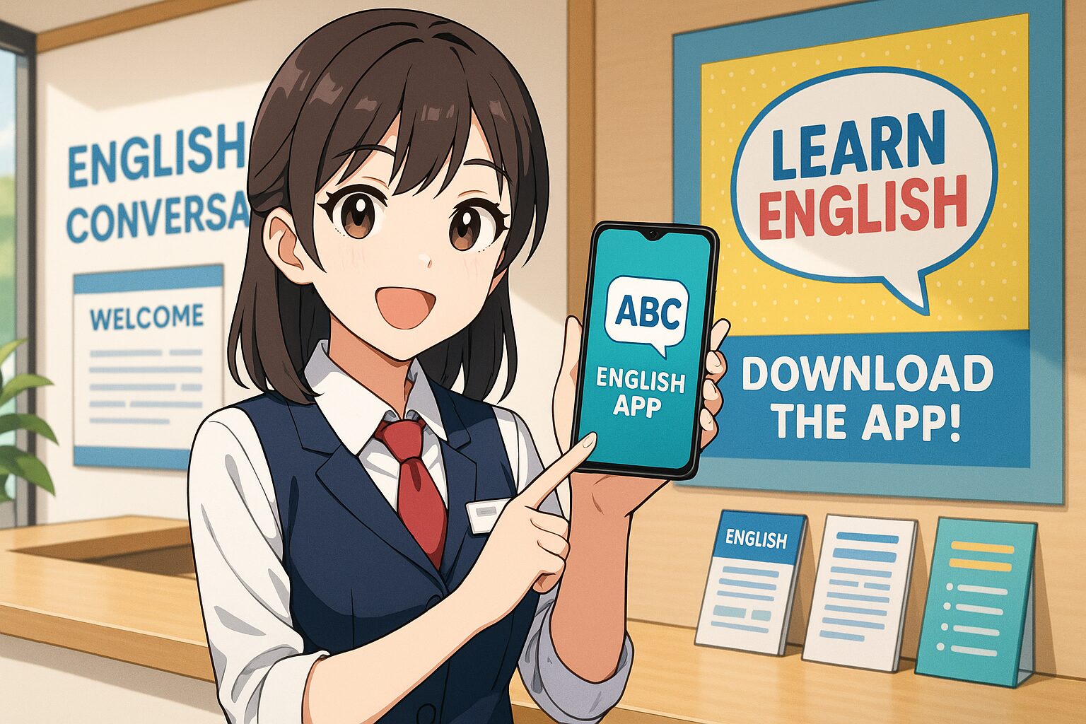 DMM英会話のアプリをおすすめする女性スタッフ