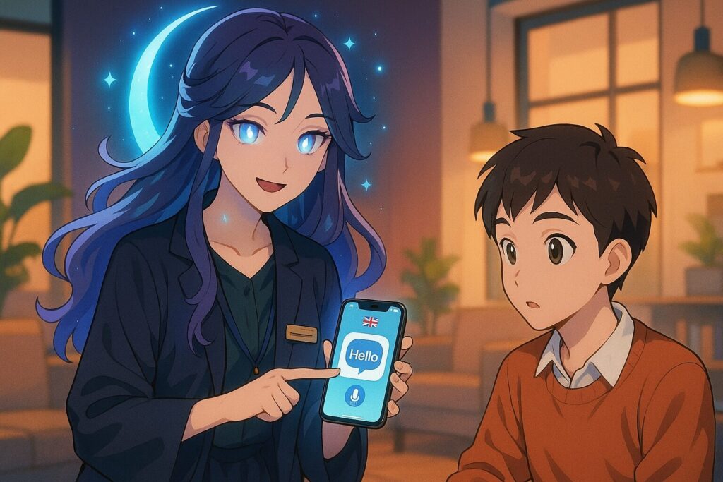 DMM英会話アプリの使い方を教えている女性