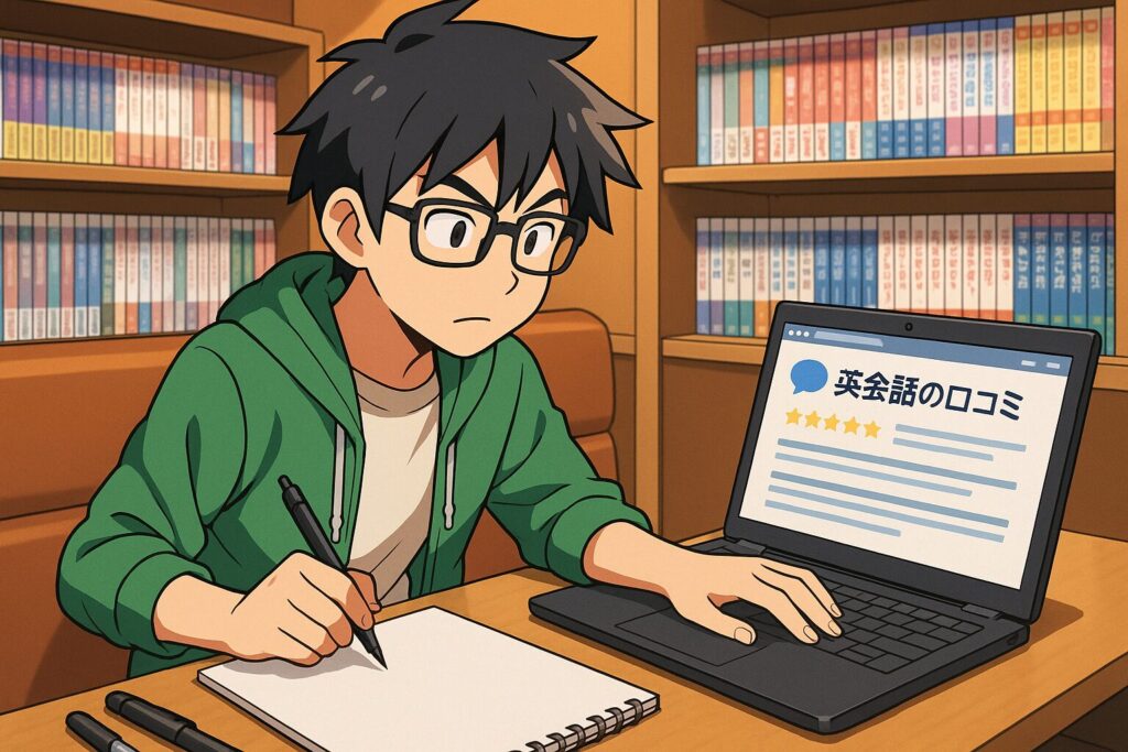 レアジョブ英会話のレッスンに関する評判・口コミを調べている男性