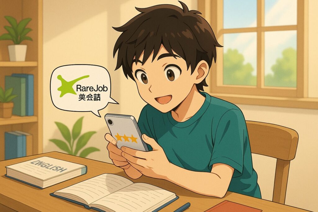 レアジョブ英会話の口コミを調べている少年