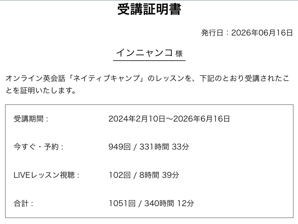 インニャンコのネイティブキャンプ受講証明書