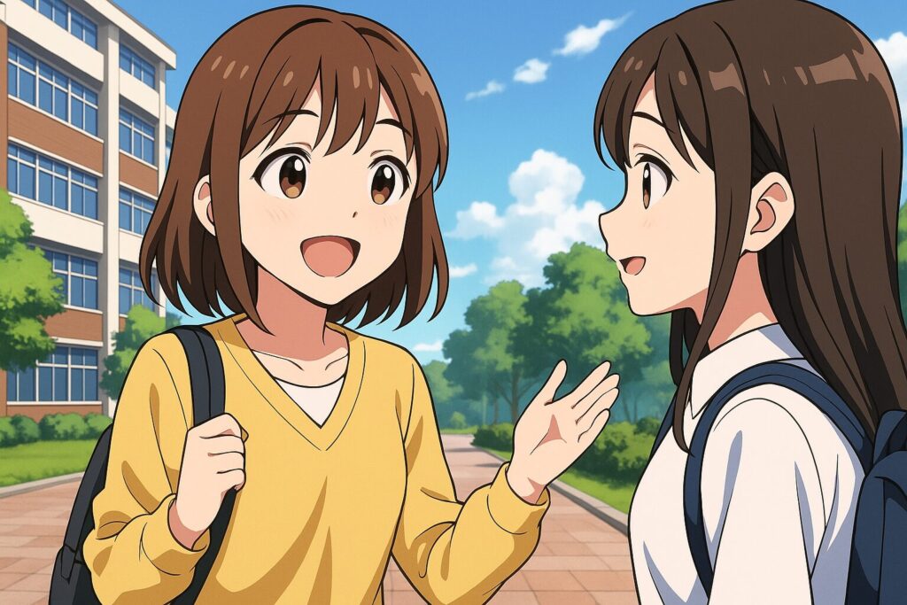 QQ Englishに対する評判を友人に話す女子大生