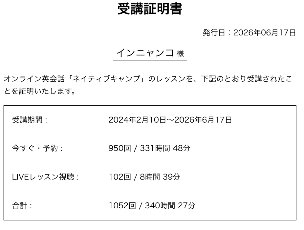 インニャンコのネイティブキャンプ受講証明書