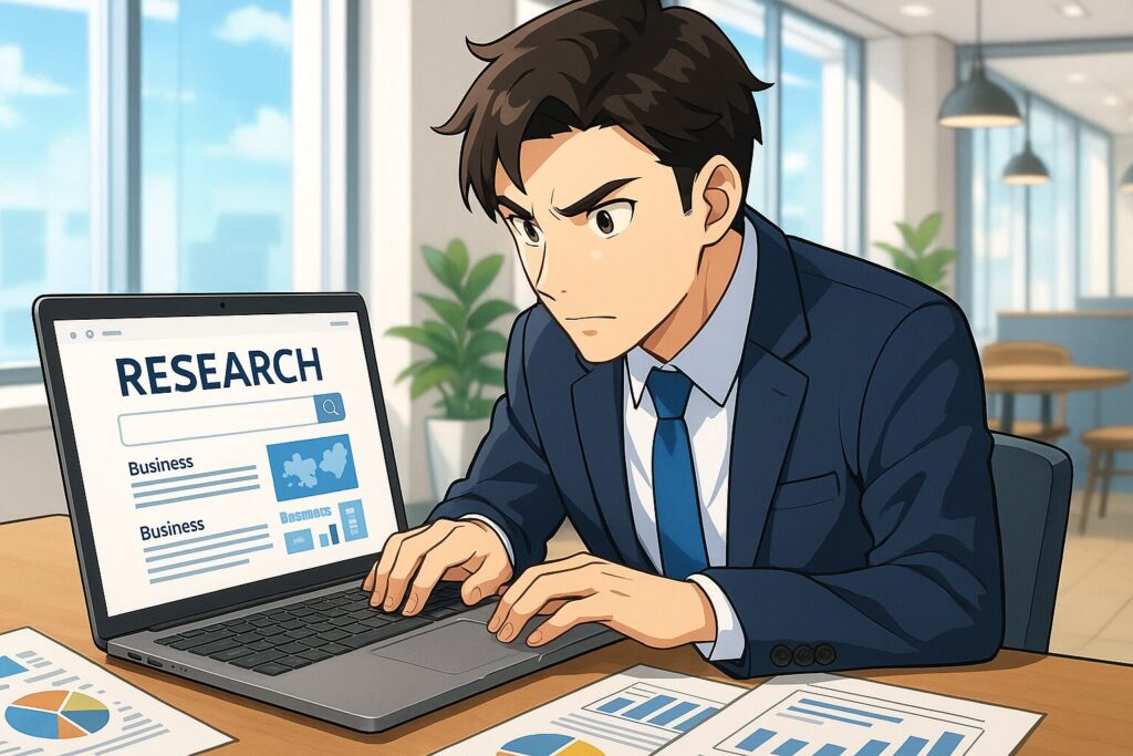 QQ Englishの評判調査をしているビジネスマン
