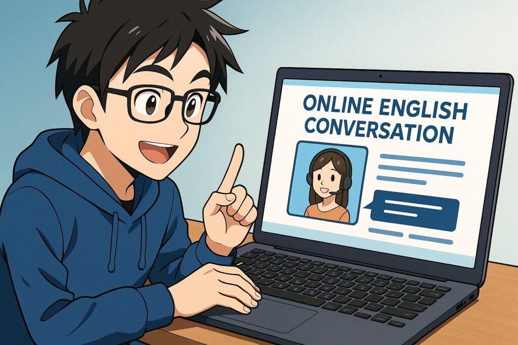 QQ Englishのプランやシステムに関する評判を調べる男性