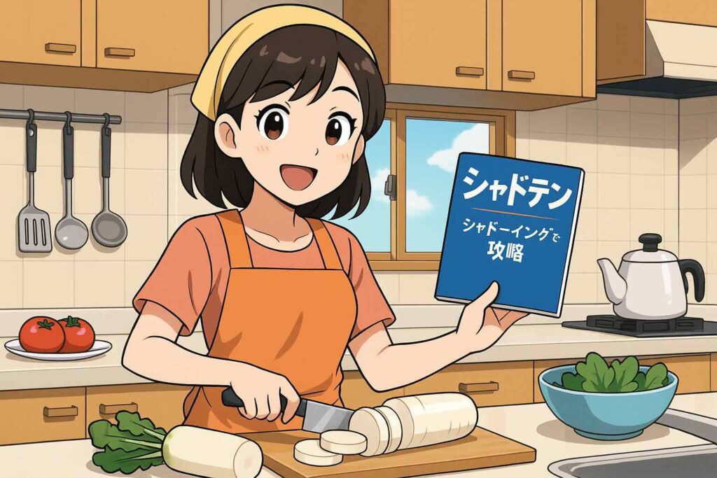 シャドテンをおすすめしている台所で大根を切っている主婦