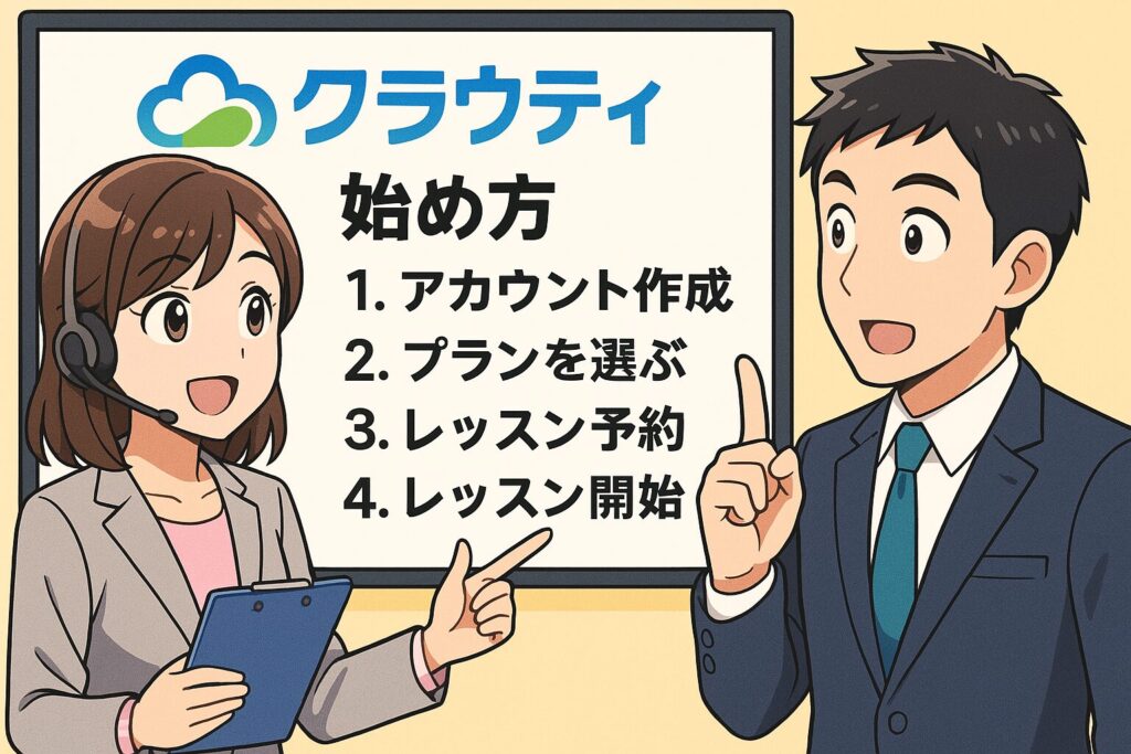 クラウティの始め方を教えてもらっているビジネスマン