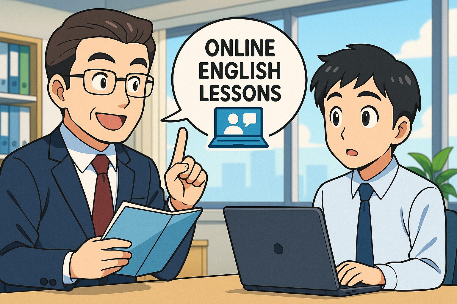 部下にオンライン英会話をおすすめしている部長