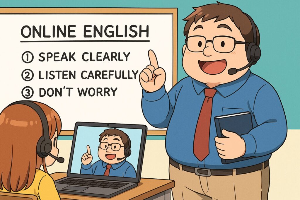 オンライン英会話を失敗しないよう生徒に教えている小太りの男性講師