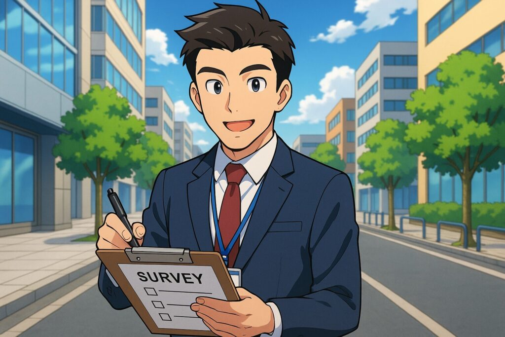 入会して良かったオンライン英会話アンケート調査している男性社員