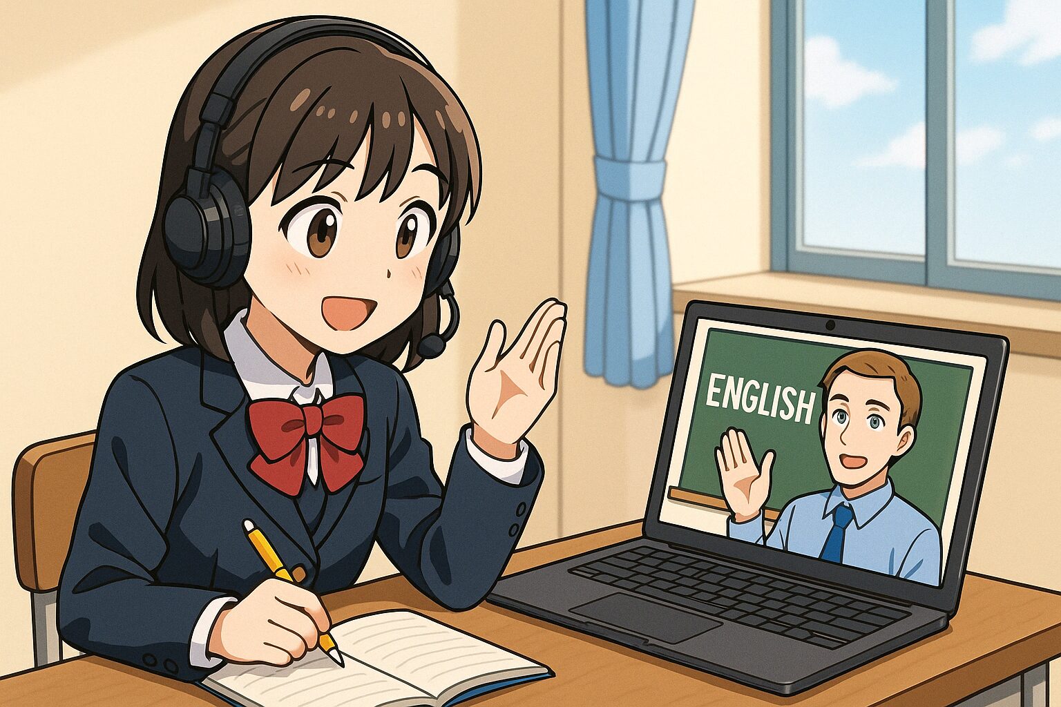 中学生の女子がオンライン英会話を受講している様子