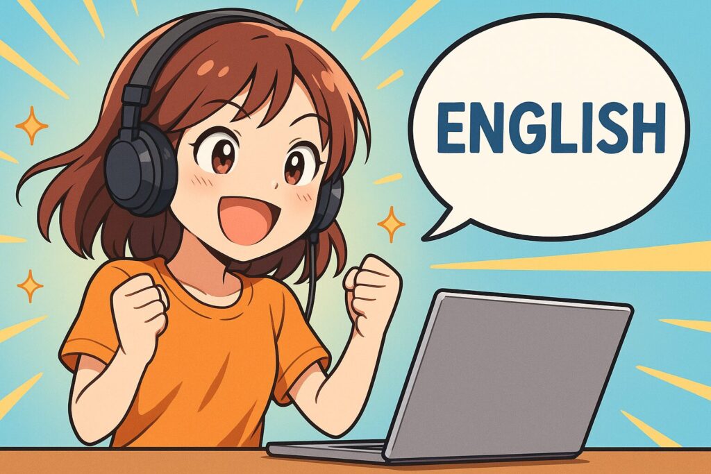 オンライン英会話の効果が出て喜んでいる元気な女子