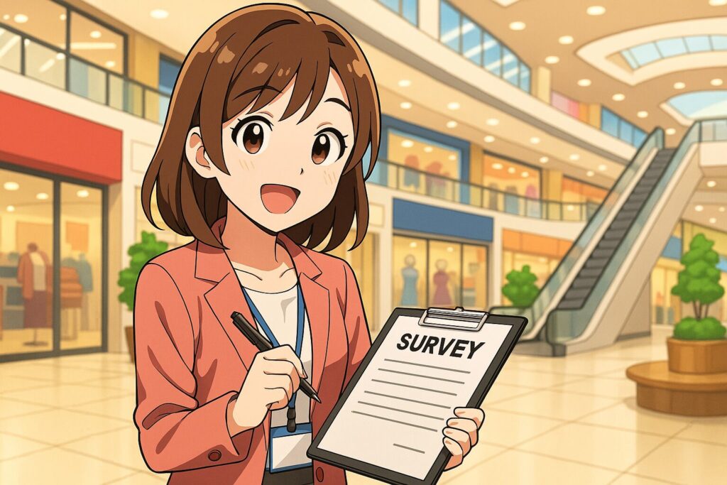 オンライン英会話の選び方についてアンケートをとっている女性