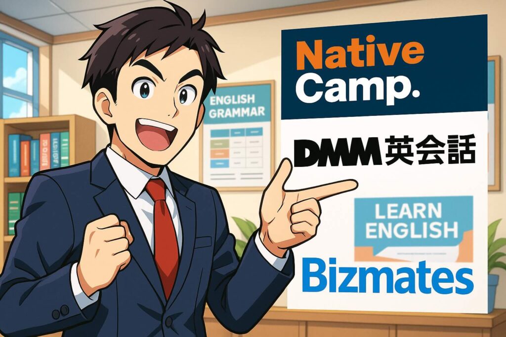 おすすめなオンライン英会話を紹介している気合の入った男性スタッフ