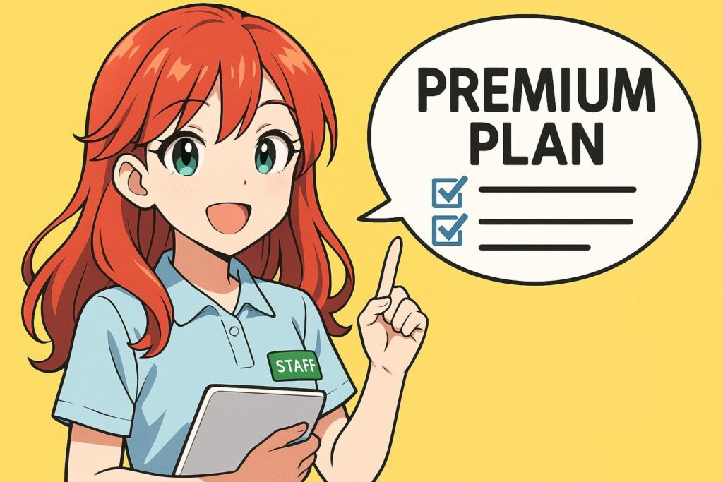 ネイティブキャンプのプレミアムプランの使い方を説明している赤髪の女性スタッフ