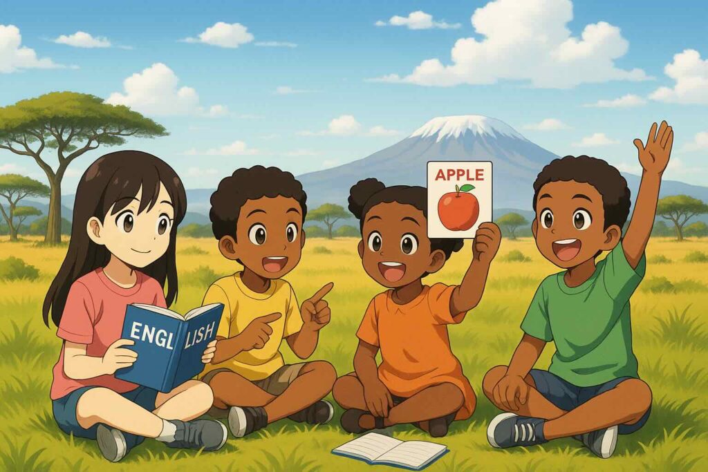 英会話をアフリカの広大な自然の中で学ぶ子どもたち