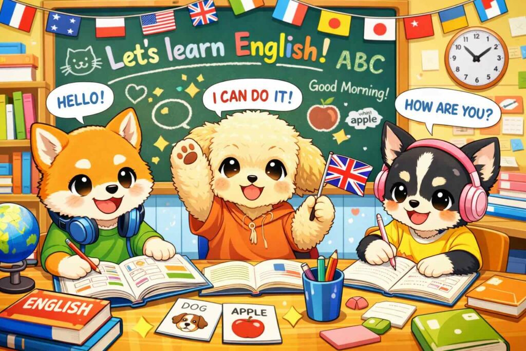 英会話を勉強する子犬たち