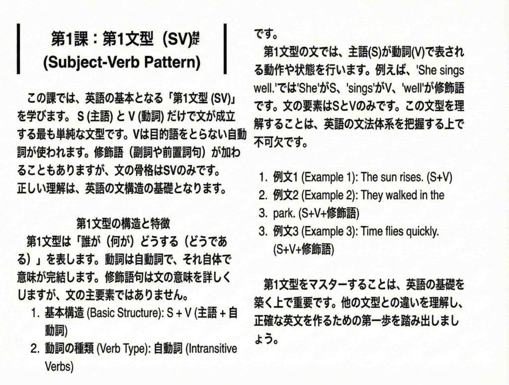 英語のハノン風に英語の第一文型に関する解説をしたイラスト