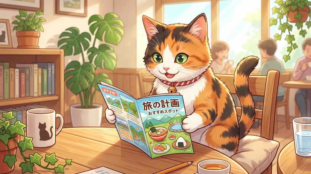 パンフレットを見るネコ