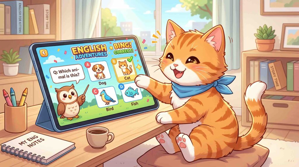 楽しく英語アプリをするネコ