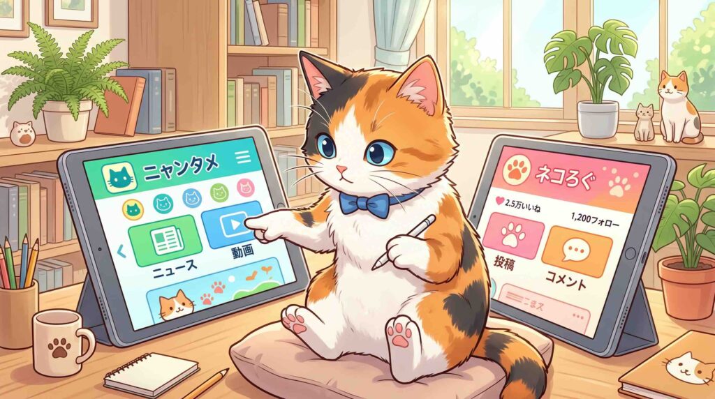 2つのアプリを見比べるネコ