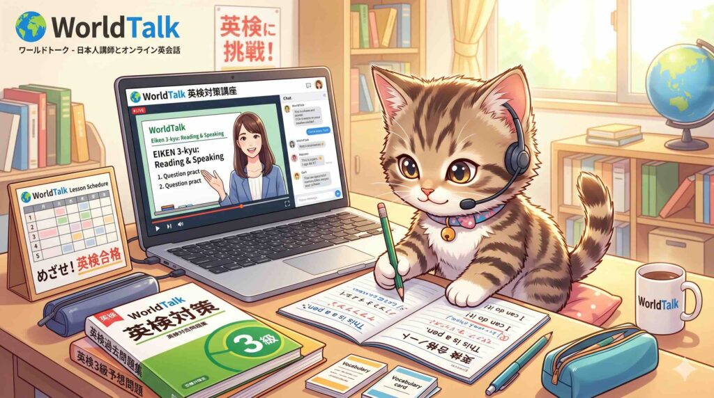 ワールドトークで英検対策に励む子猫